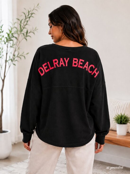 SPIRIT JERSEY Tops - Spirit Jersey DELRAY BEACH Oversized Long Sleeve Shirt Womens L Black Pink